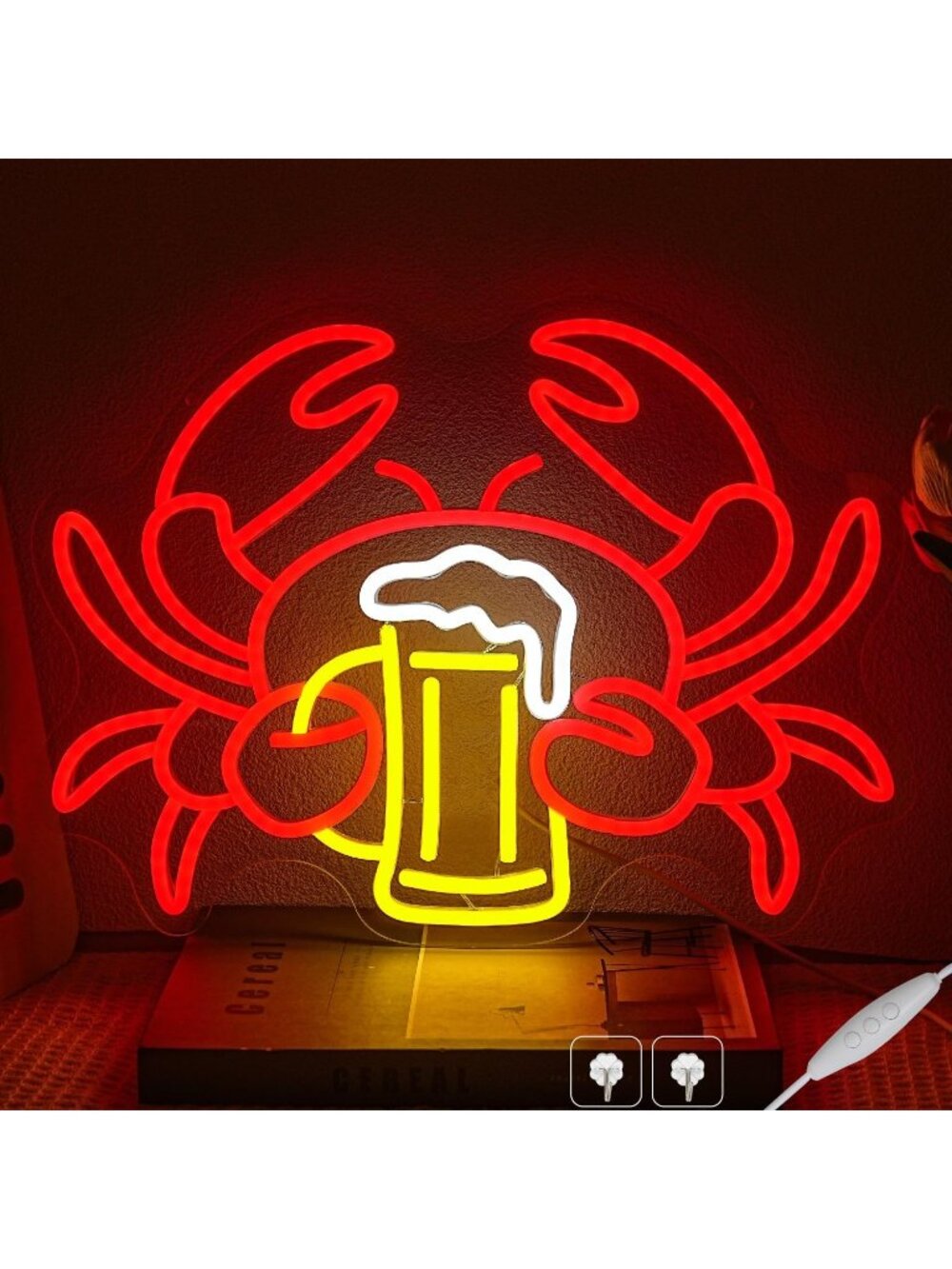 Crab Beer Neon Sign Red Yellow Plastic Dimmable Drinking Bar Seafood Led Light